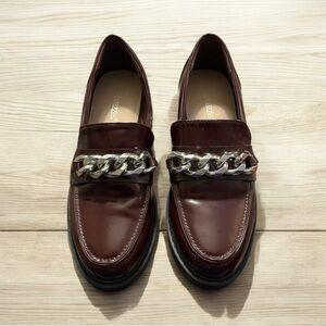 Meet Ya There!  Burgundy Pleather Loafer with Silver Chain